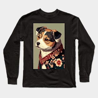 Brown and White dog with green robe - Japanese style Long Sleeve T-Shirt